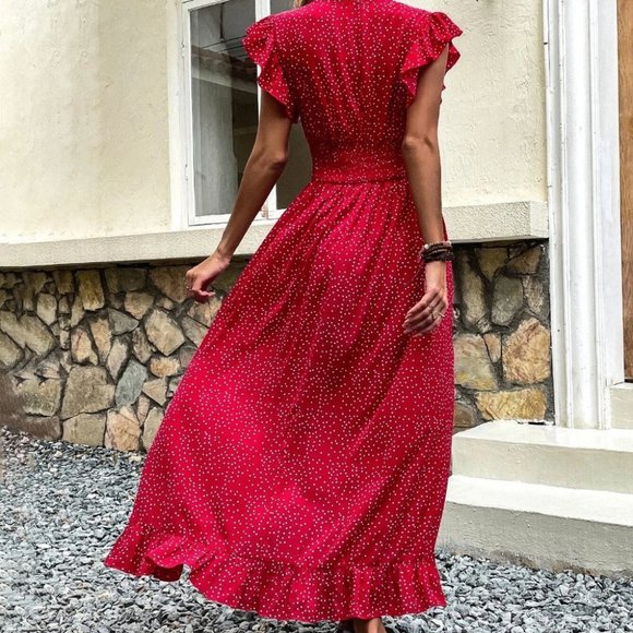 RED Boho Polka Dot Butterfly Sleeve Maxi Dress - Picture 2 of 6